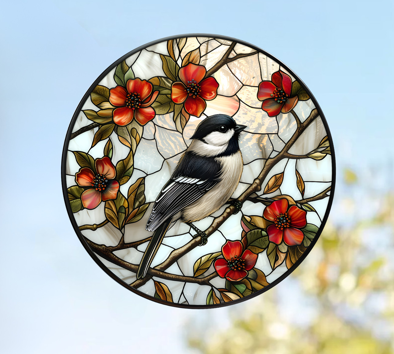 Chickadee Bird on Branch WINDOW CLING Size 8″ Round Repositionable Vinyl
