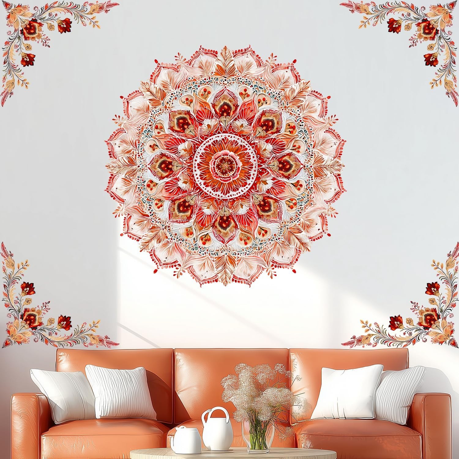 Boho Mandala Flowers Wall Decals Peel and Stick – Red Orange Floral Flower Vinyl