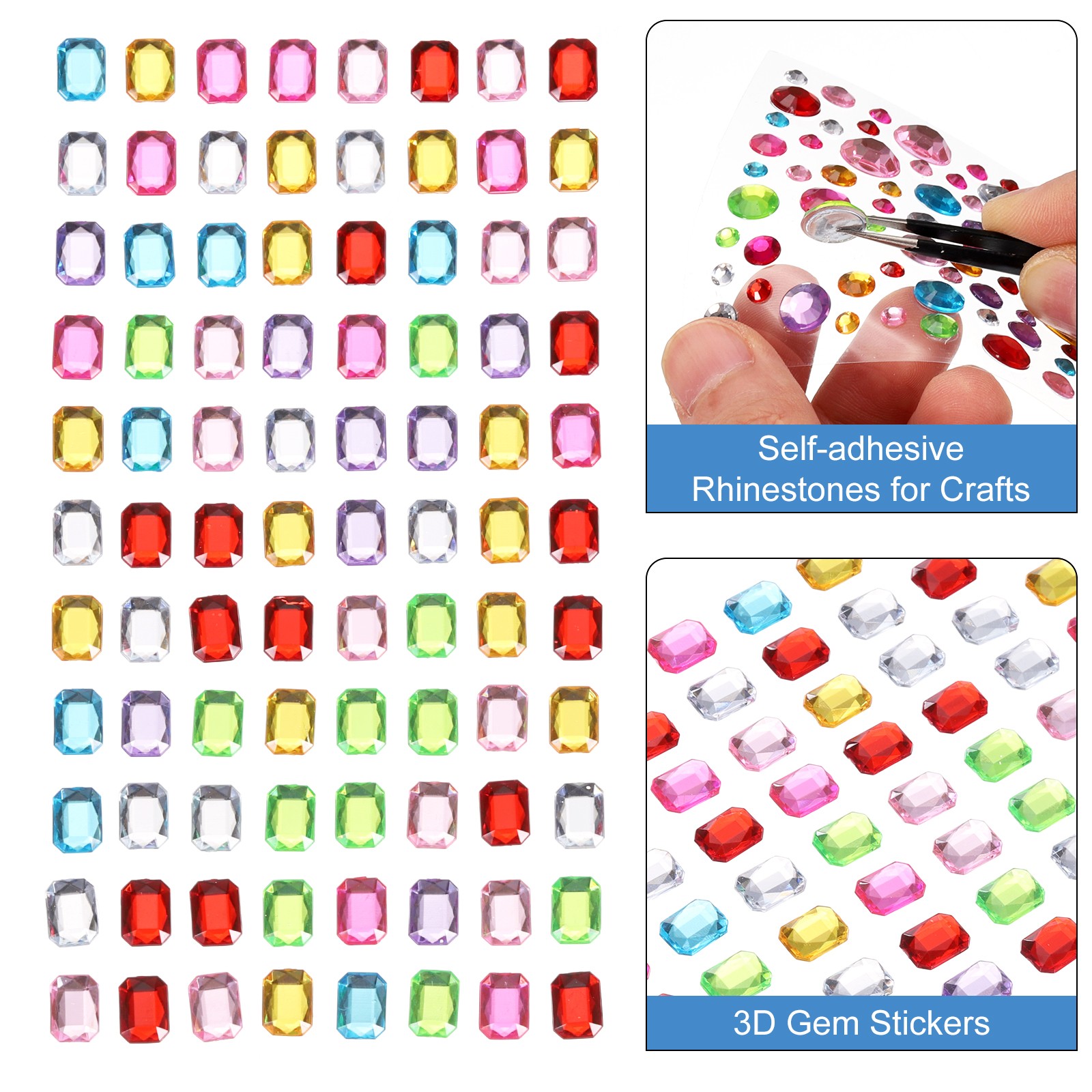 440Pcs Gems Stickers for Crafts 5 Sheet Rectangle Rhinestone Sticker Multicolor