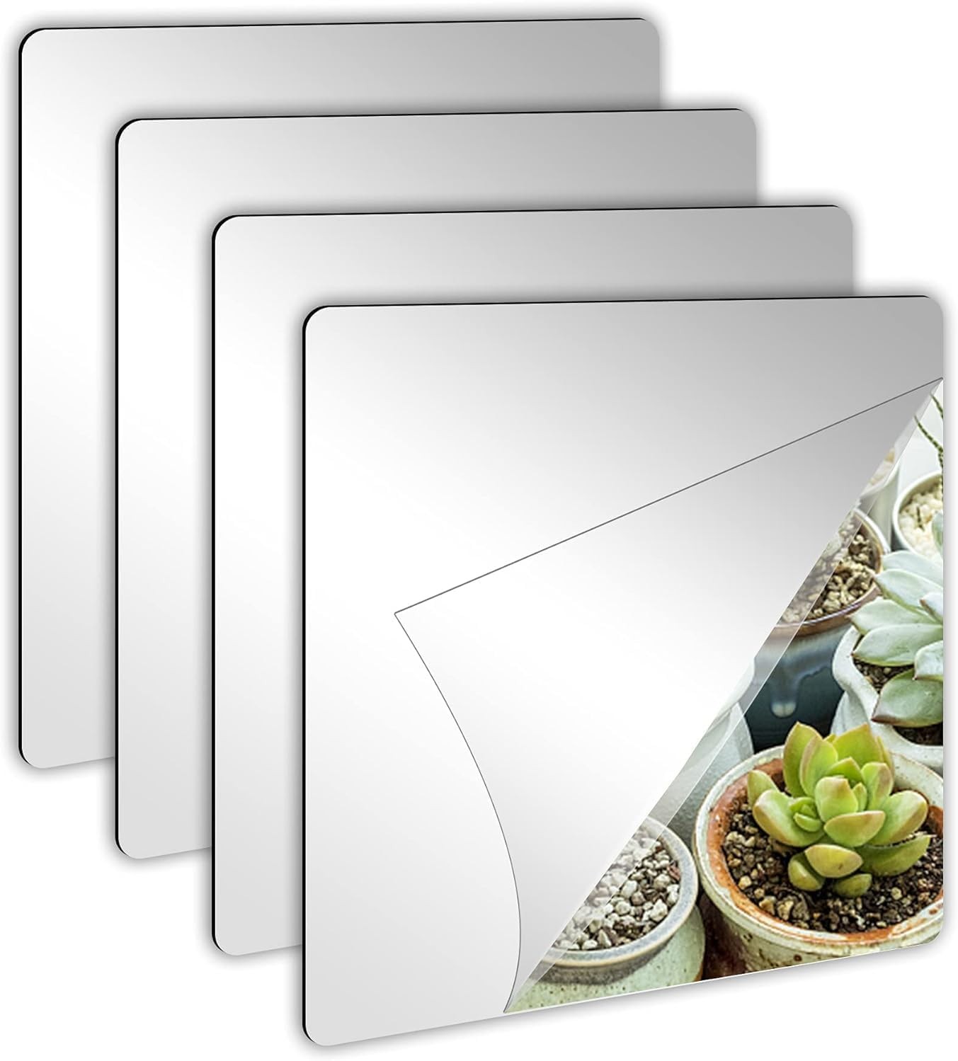 JUNEBRUSHS 4 Pack Acrylic Mirror Tiles 8×8 Inch Self Adhesive Wall Stickers