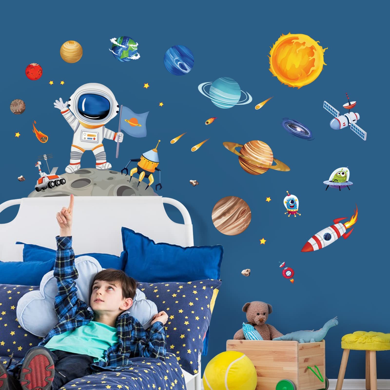 Outer Space Astronaut Wall Stickers Planets Rocket Peel and Stick Wall Art De…
