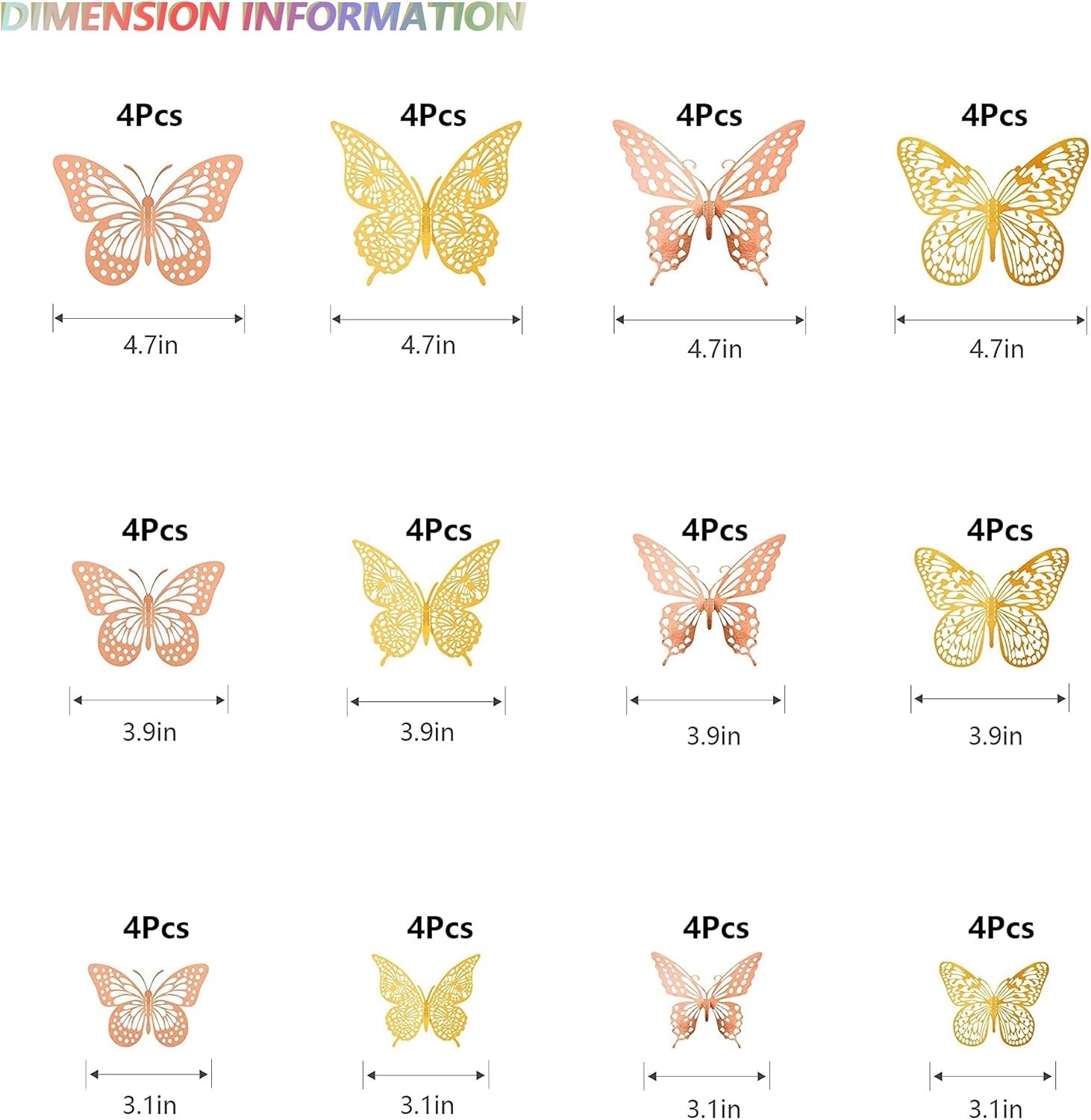 3D Butterfly Wall Decor, 48 Pcs 4 Styles 2 Color 3 Sizes, Removable Metallic …