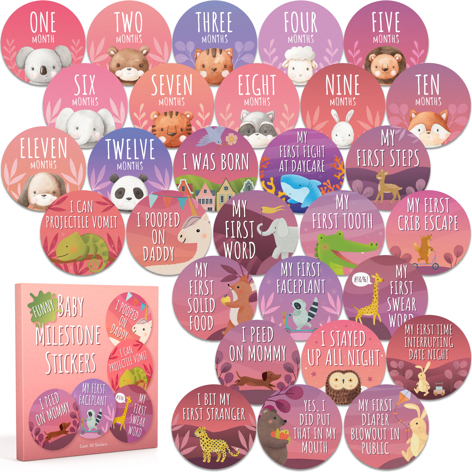 Ellopi 4″ Funny Baby Girl Milestone Photo Prop Stickers, 30 Pack