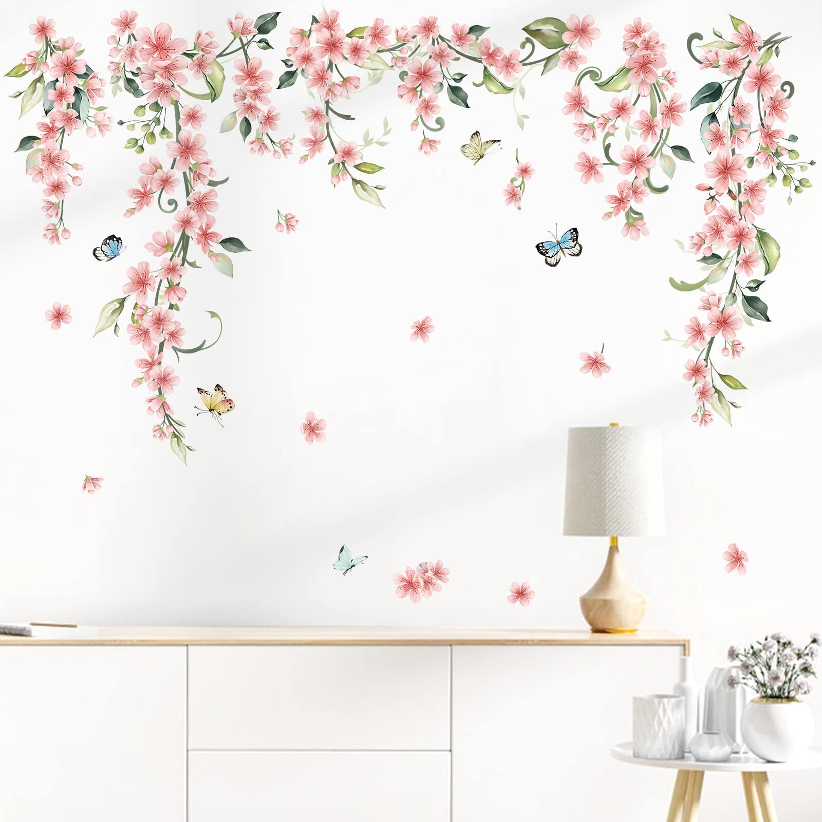 wondever Hanging Flower Vine Wall Stickers Pink Floral Peel and Stick Wall Ar…