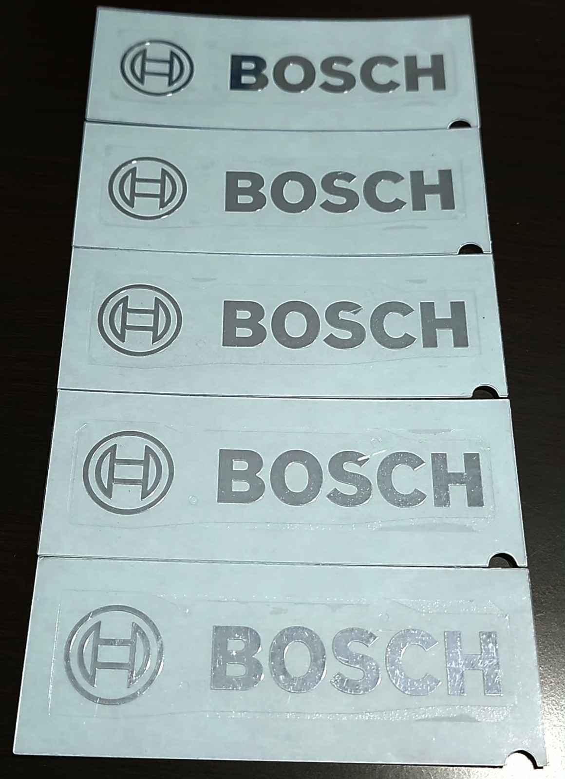 5 X AUTHENTIC BOSCH SILVER METALLIC VINYL DECAL STICKER. MADE IN BAVARIA GERMANY