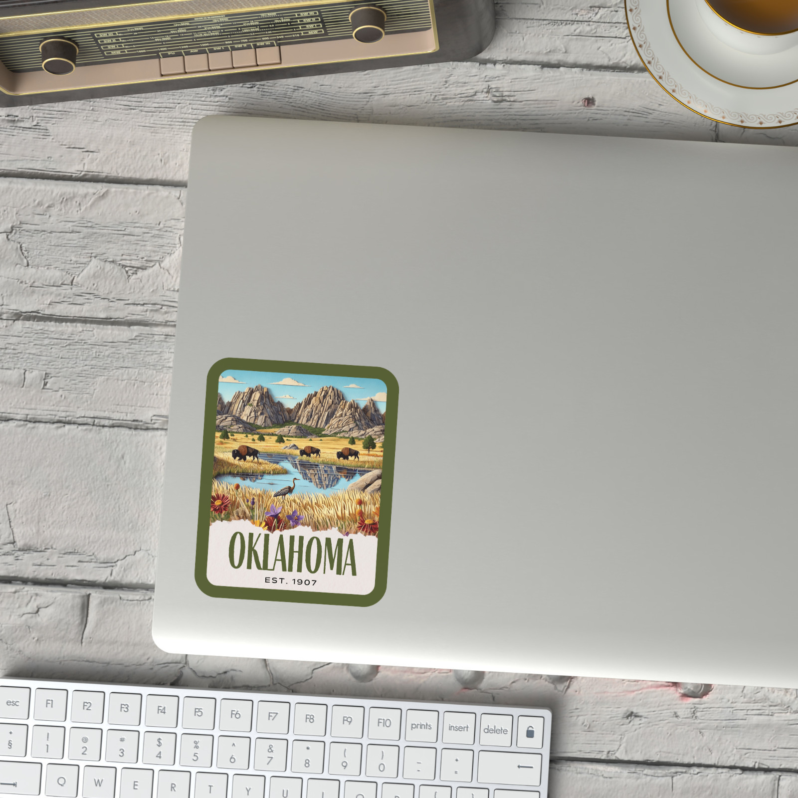 Oklahoma State Sticker, Paper Collage Look, Wichita Mountains Vinyl Decal