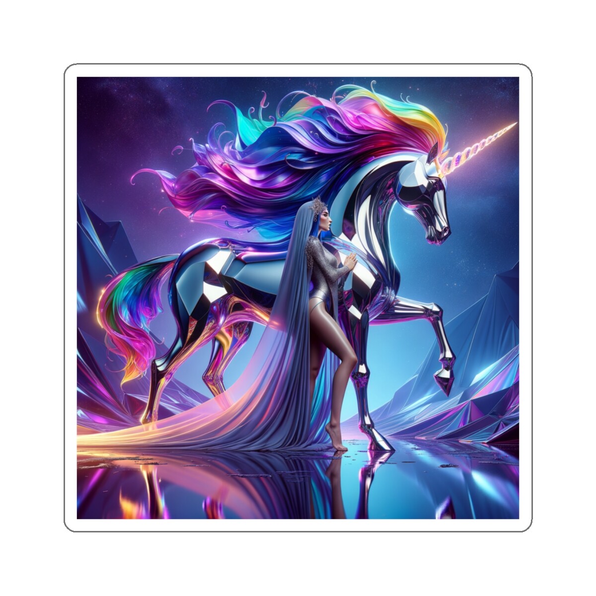 Sticker Enchanted Chrome Unicorn Rainbow Dreamscape 2×2 3×3 4×4 6×6