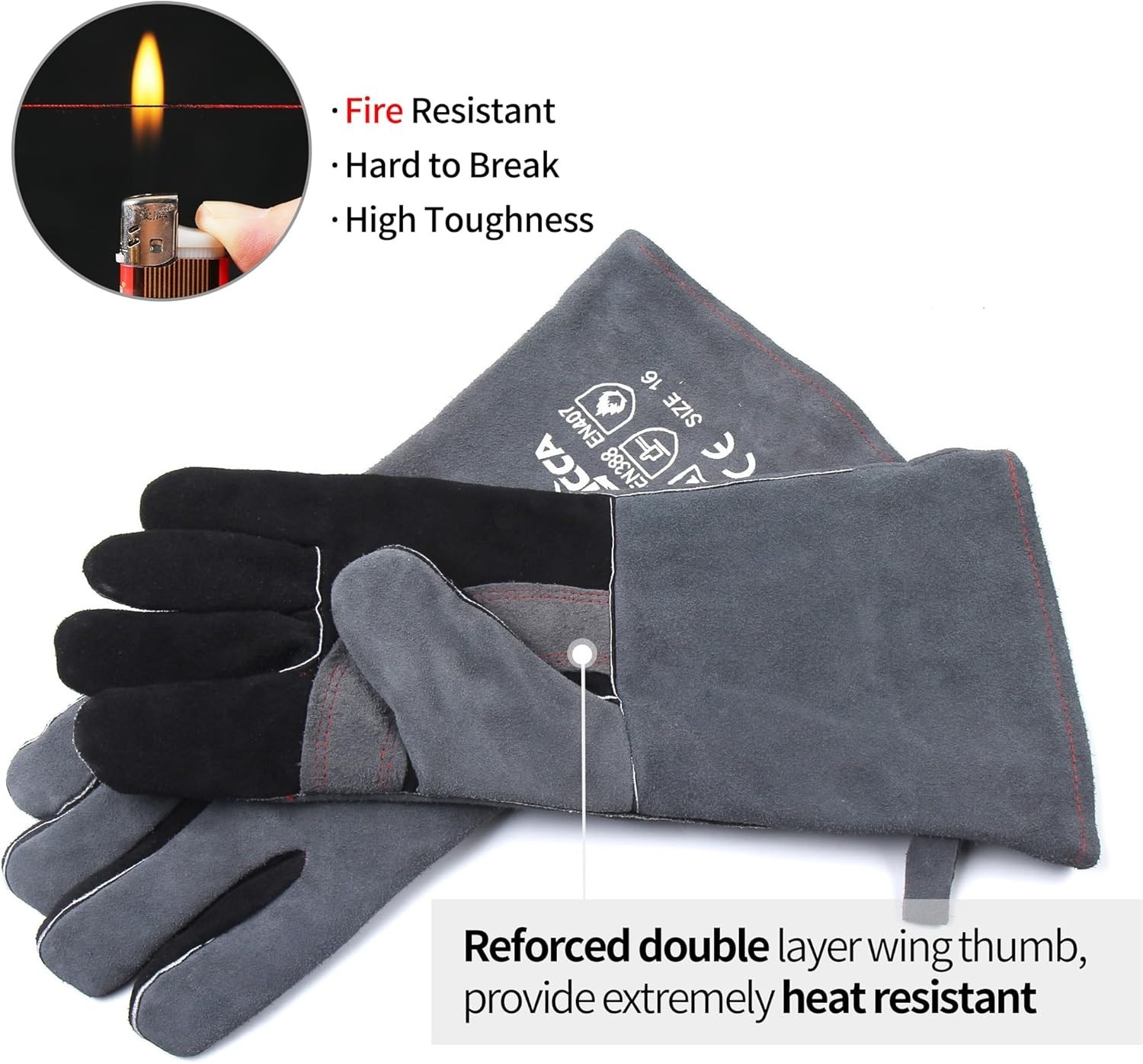 Fireplace Gloves Fire Heat Resistant: Grey 16IN 662℉- Fireproof Leather for Fi
