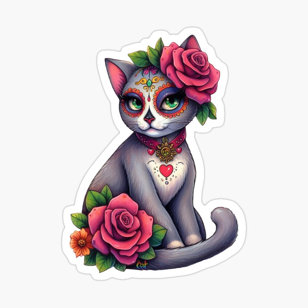 Dia de Muertos Kitty with Roses Sticker by C Autumn Trapp Original Art 3″ x 3″