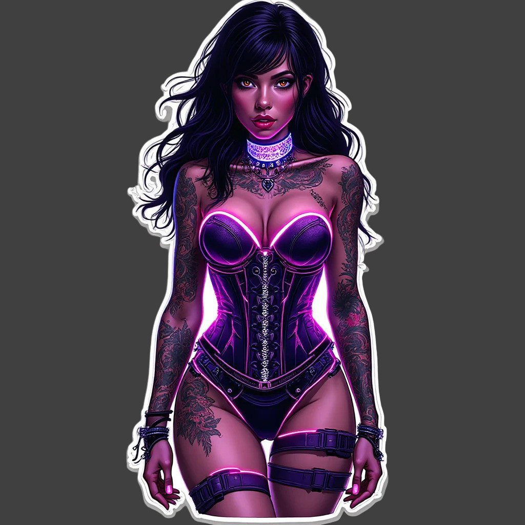 Pinup girl sticker vinyl decal black hair neon corset tattoo cyber alt
