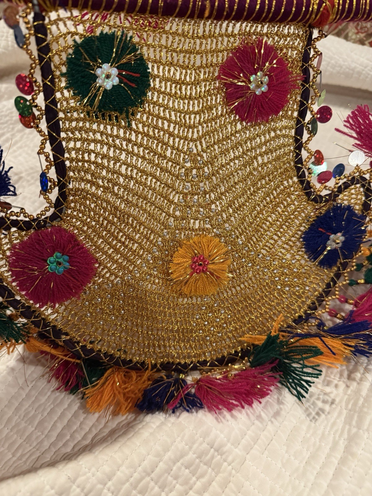Decorative Hand Fan, golden with multi-color fringe, handmade