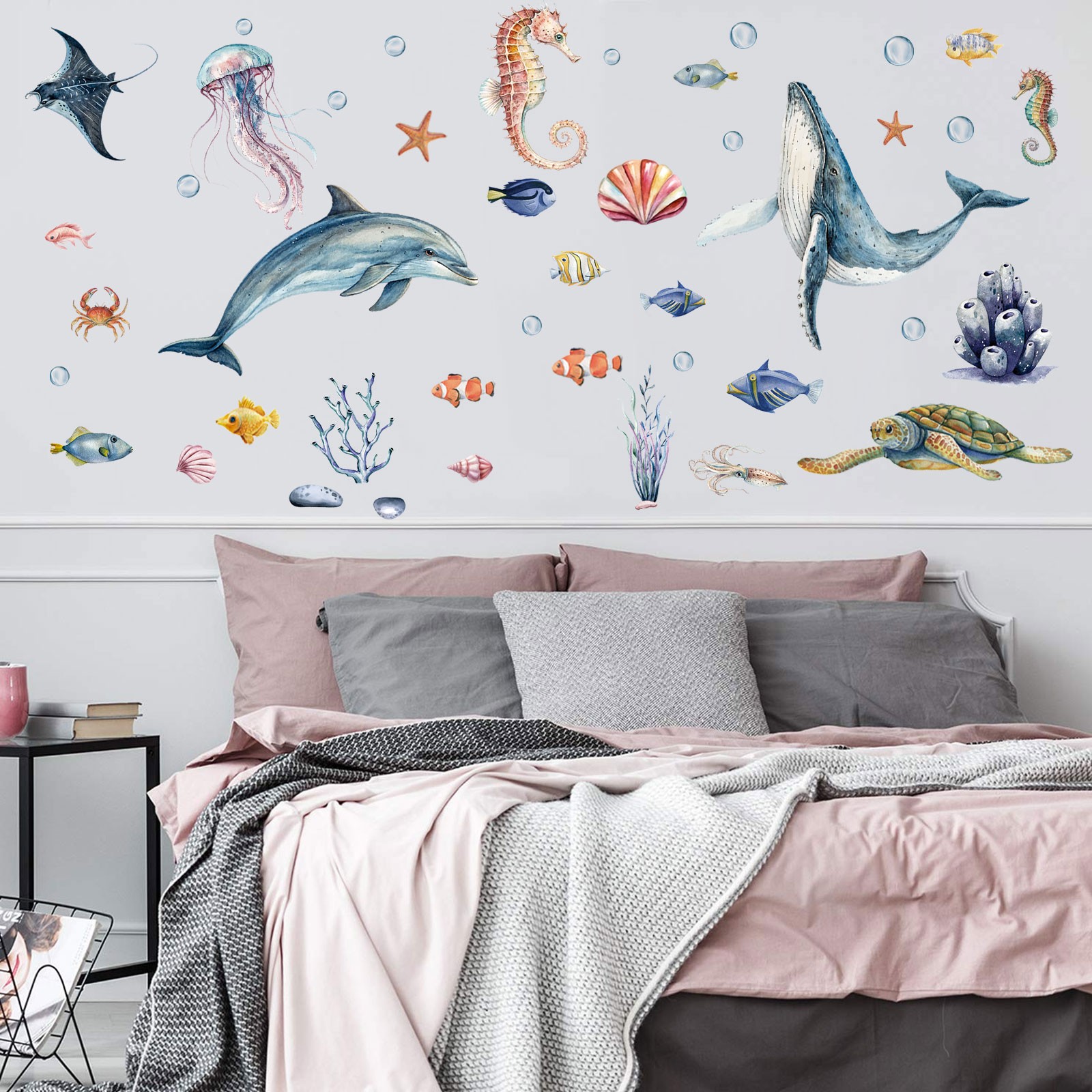 2PCS Marine Life Wall Decals Removable Ocean Stickers For Smooth Walls, Wardrobe