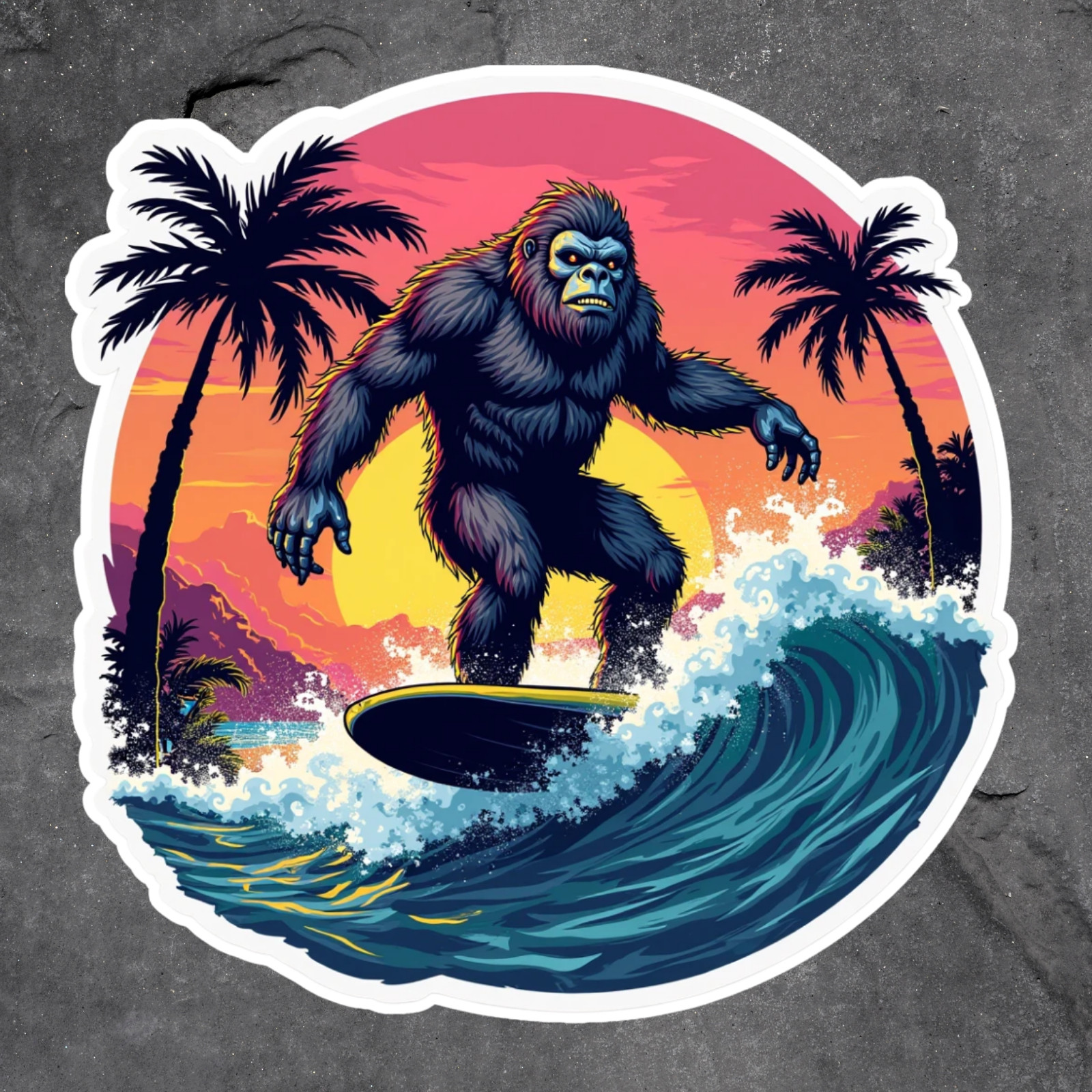 Surfing bigfoot sticker vinyl decal sasquatch surfer sunset tropical beach art