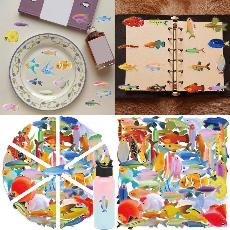 50 Sheets Fish Sticker Decal Decorative Sticker Waterproof Sea Animal Sticker