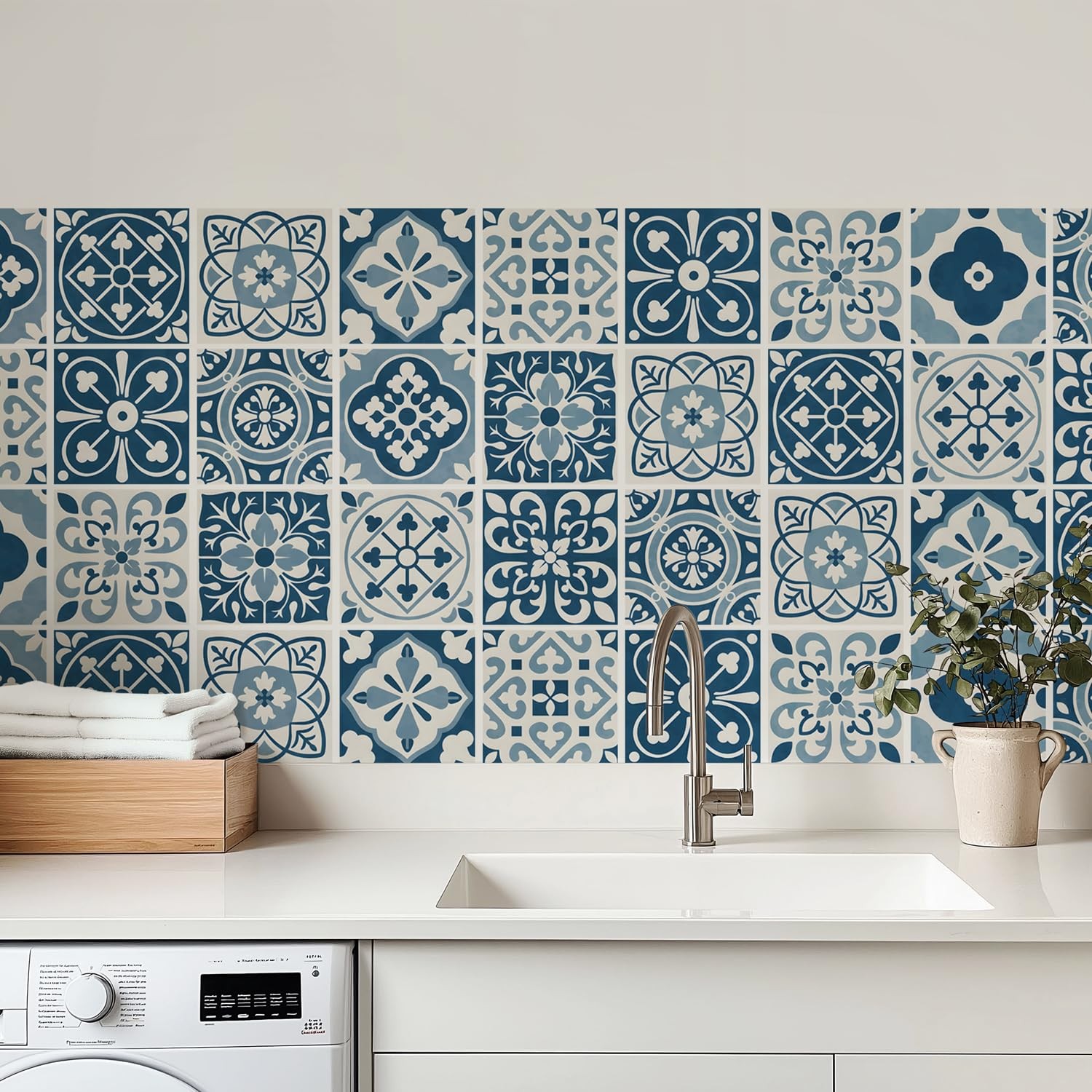 30 Pack Blue and White Peel and Stick Backsplash, 4×4 Inch Mediterranean Tile…