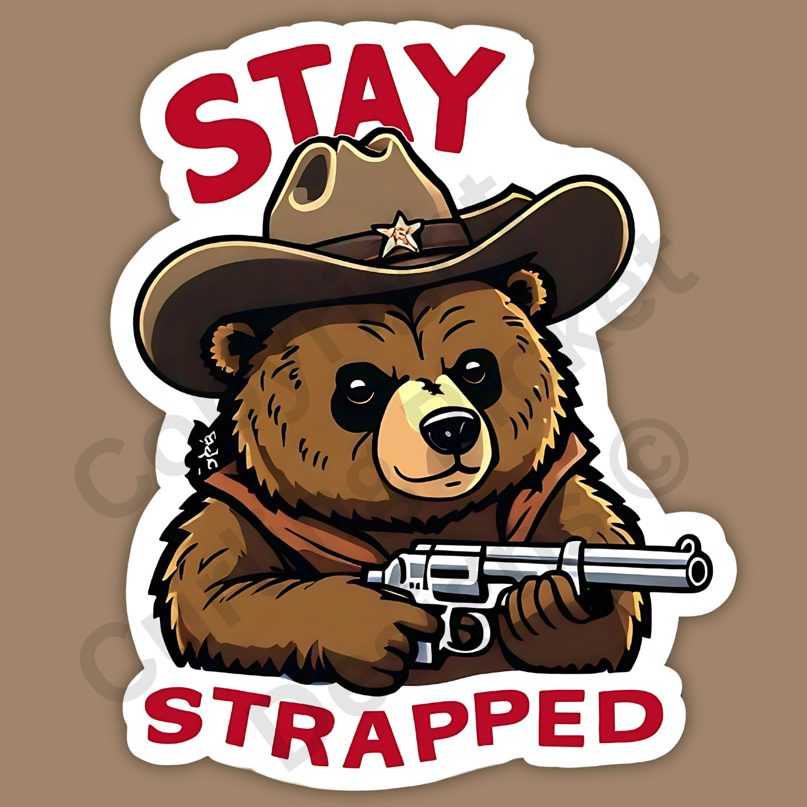 Stay Strapped Grizzly Bear 2A Cowboy Hat Gun Funny 3″ Vinyl Sticker