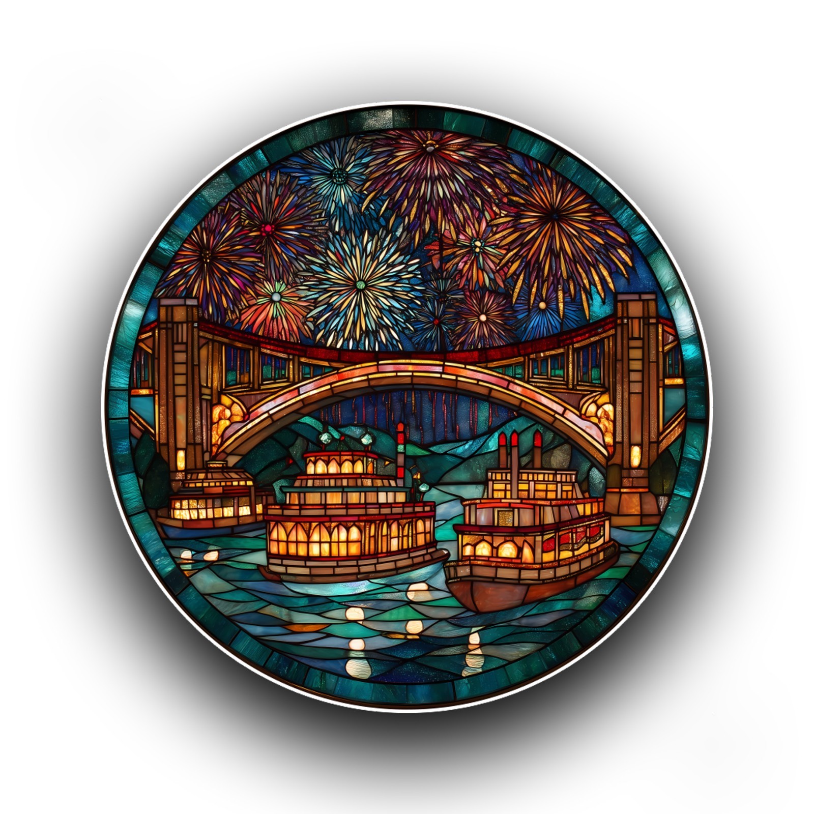 Chinese New Year River Scene Stained Glass Style Opaque Vinyl Sticker Decal