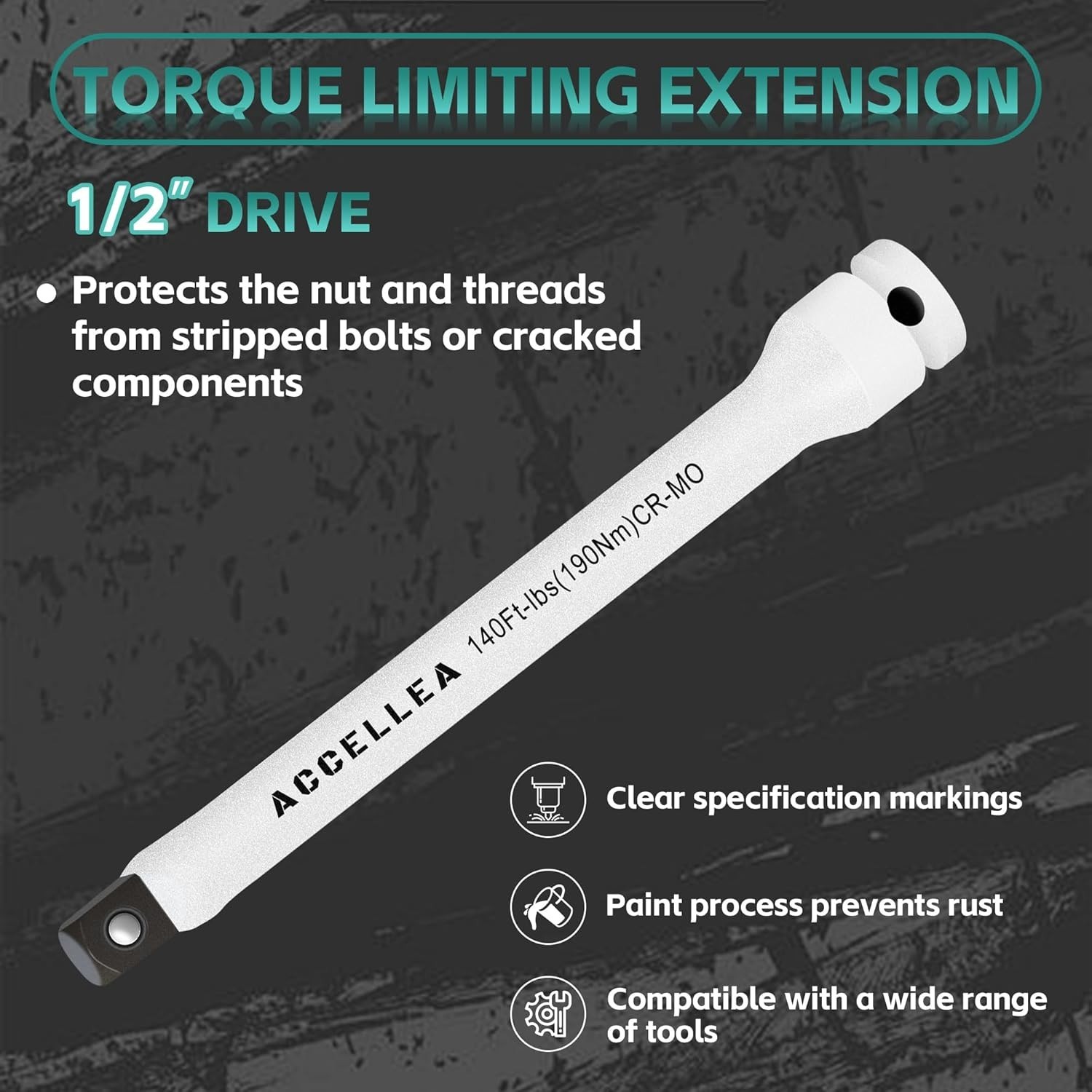 5-Piece Torque Limiting Extension Bar Set, 1/2″ Drive, 8″ Long, 65-140 Ft-lbs, C