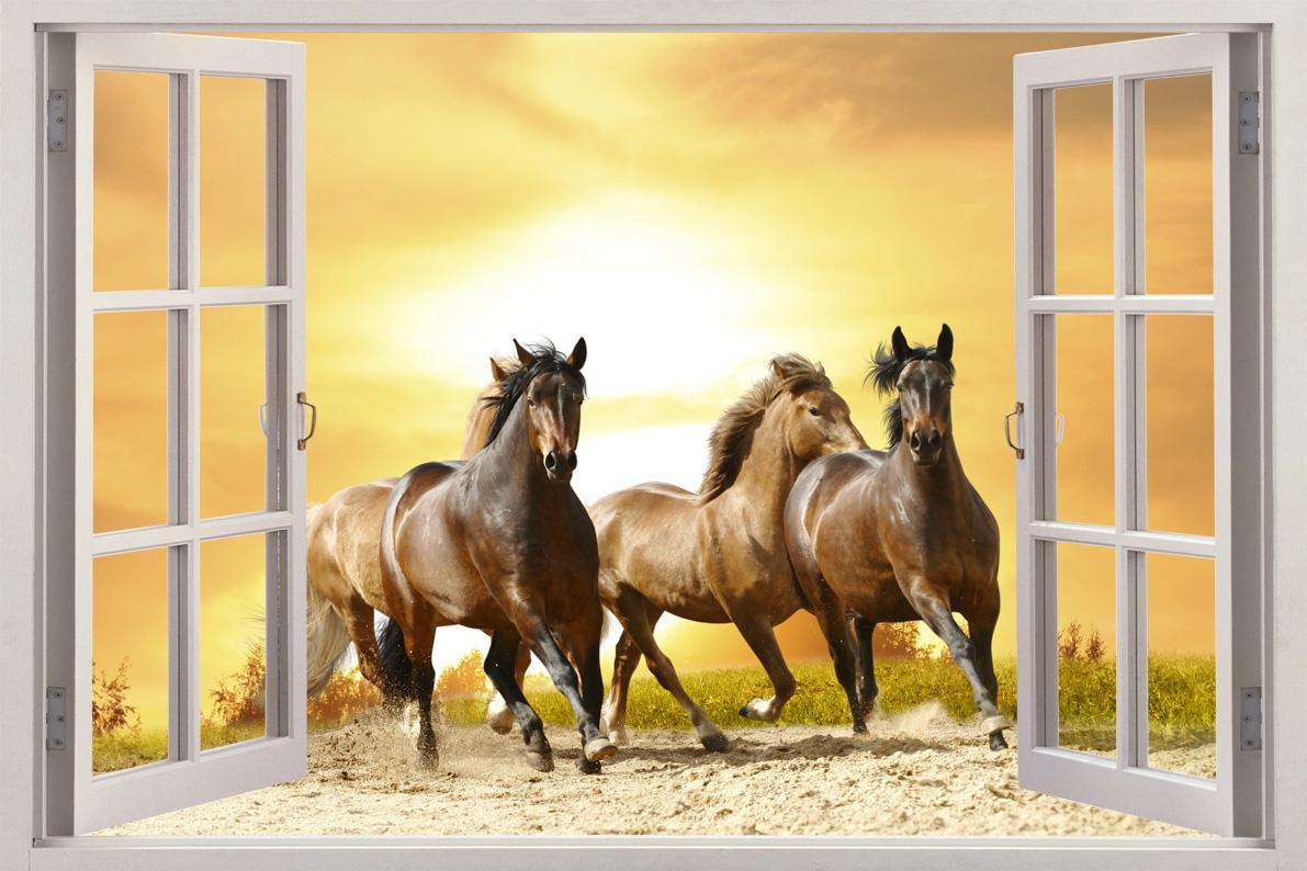 Horses Running In Sunset 3D Window View Decal WALL STICKER Home Decor Art Mural