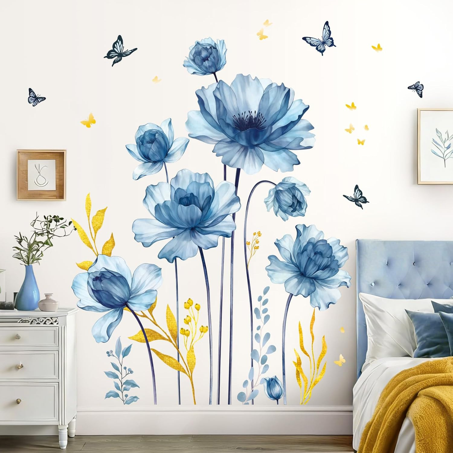 Blue Flower Wall Decals Peel and Stick, Vinyl Gold Leaves Wall Sticker, Wall Dec