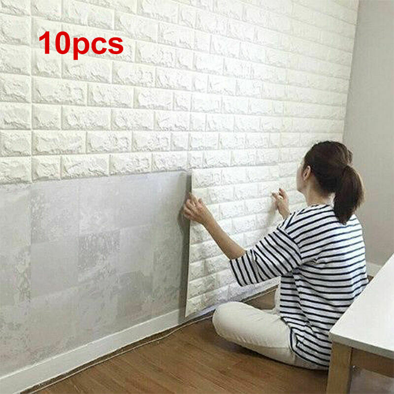 10PCS 70*30cm 3D Wallpaper Stone Brick Wall Sticker Panel Foam Wall White Decors