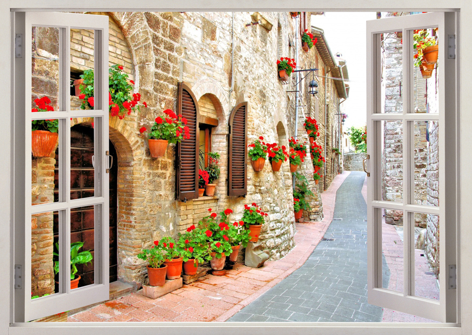 Italy Houses Begonia Street Flower 3D Effect Window Sticker Vinyl Poster 379