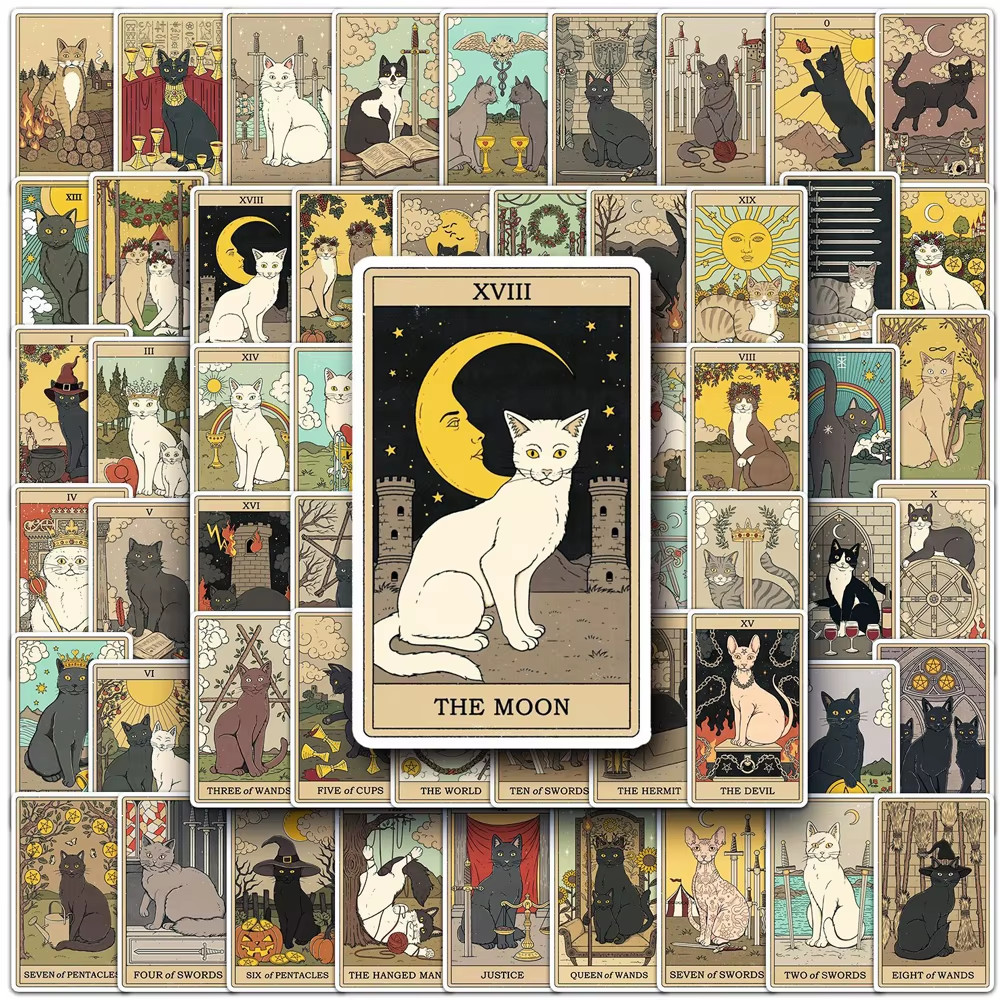 Vintage Cat Tarot Stickers – Funny PVC Decals for DIY Decor & Gifts (10-78PCS)