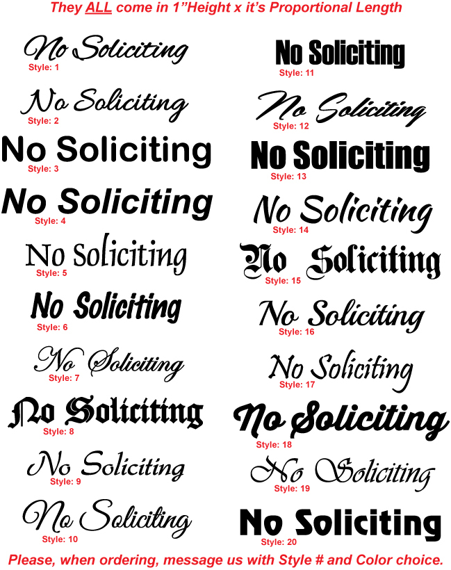 No Soliciting – Front Door Sign – Vinyl Die-Cut Peel N’ Stick Decals / Stickers