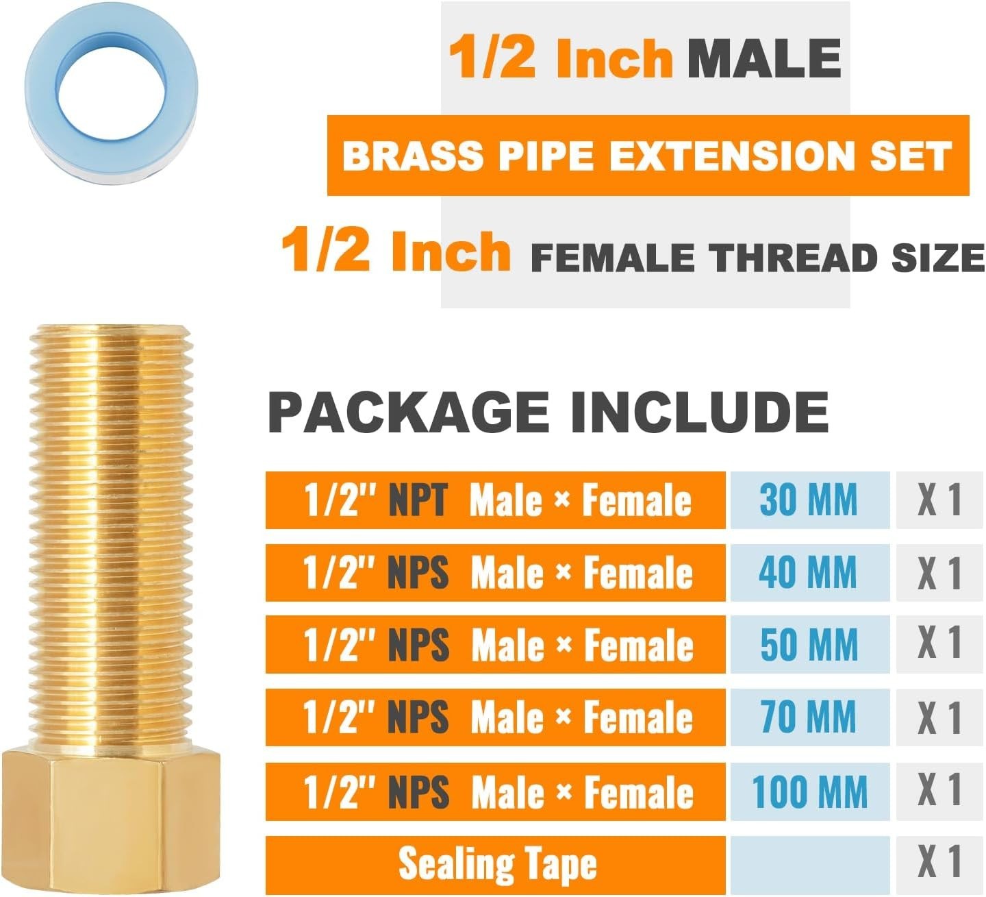 5 Pack 1/2” Brass Extension Adapter Set, 1/2 Inch Male × 1/2” Female Brass Nip