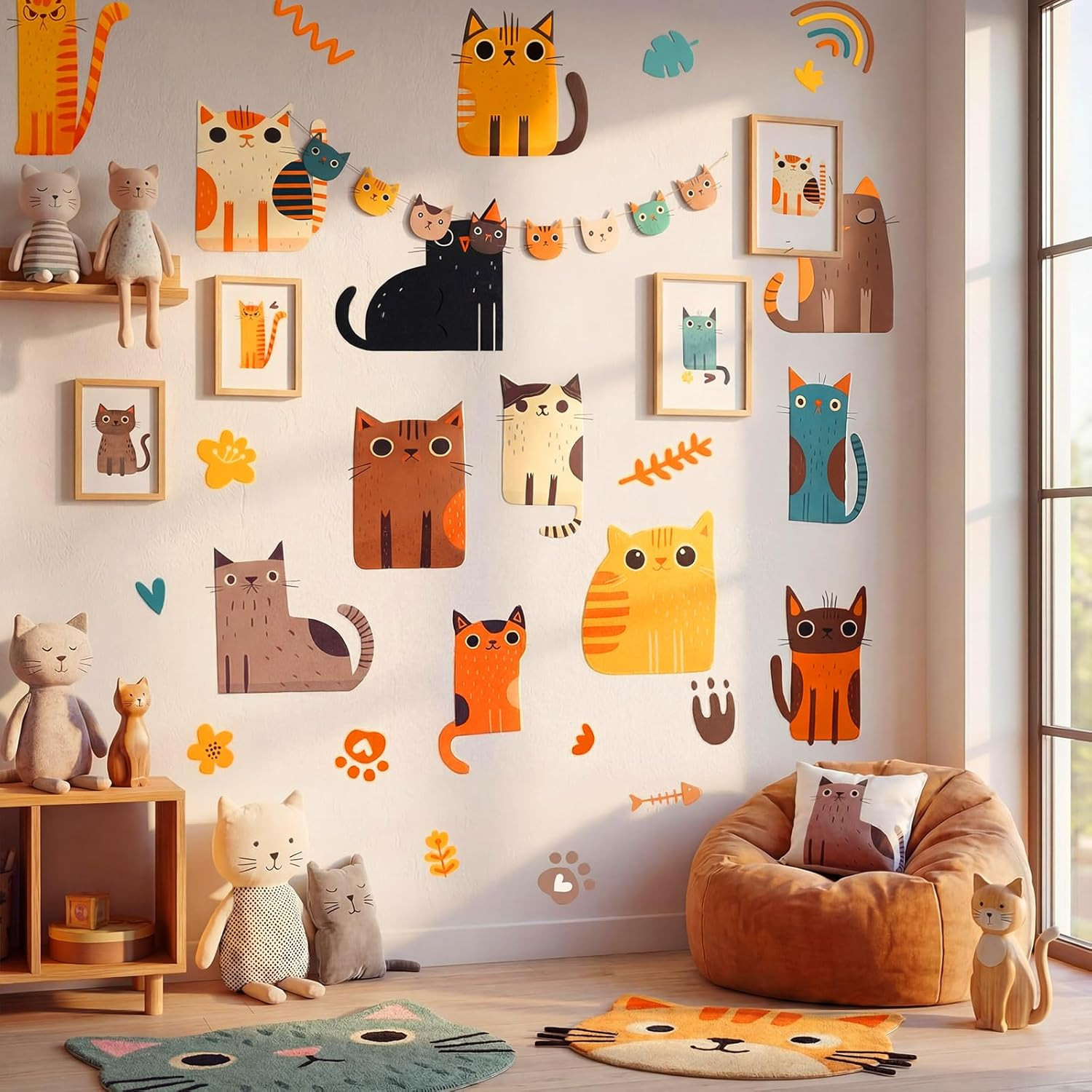 2 Sheets Doodle Cat Wallpaper Peel and Stick Cat Wall Decals Pet Kitten Waterpro