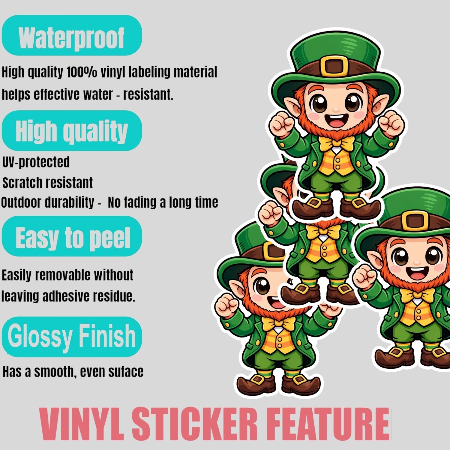 4PCS “Happy Leprechaun” Stickers – kawaii Cute Irish Cartoon Vinyl Decal Gift