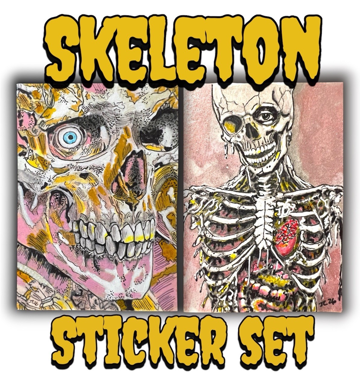 Skeleton Art Stickers Set 3×4” Glossy Waterproof Horror ACEO Pop OOAK Prints