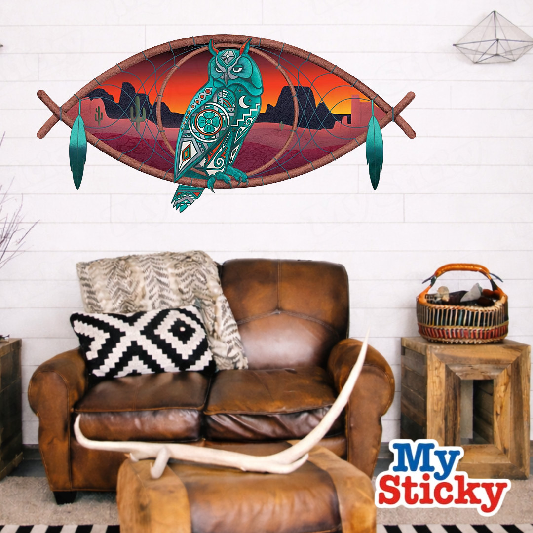Southwestern Geometric Owl & Dreamcatcher Sunset Scene Decor Vinyl Decal Sticker