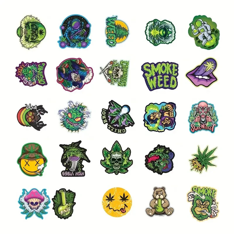 50pc Cannabis Vinyl Waterproof Stickers – Suitcases, Instruments, Windows