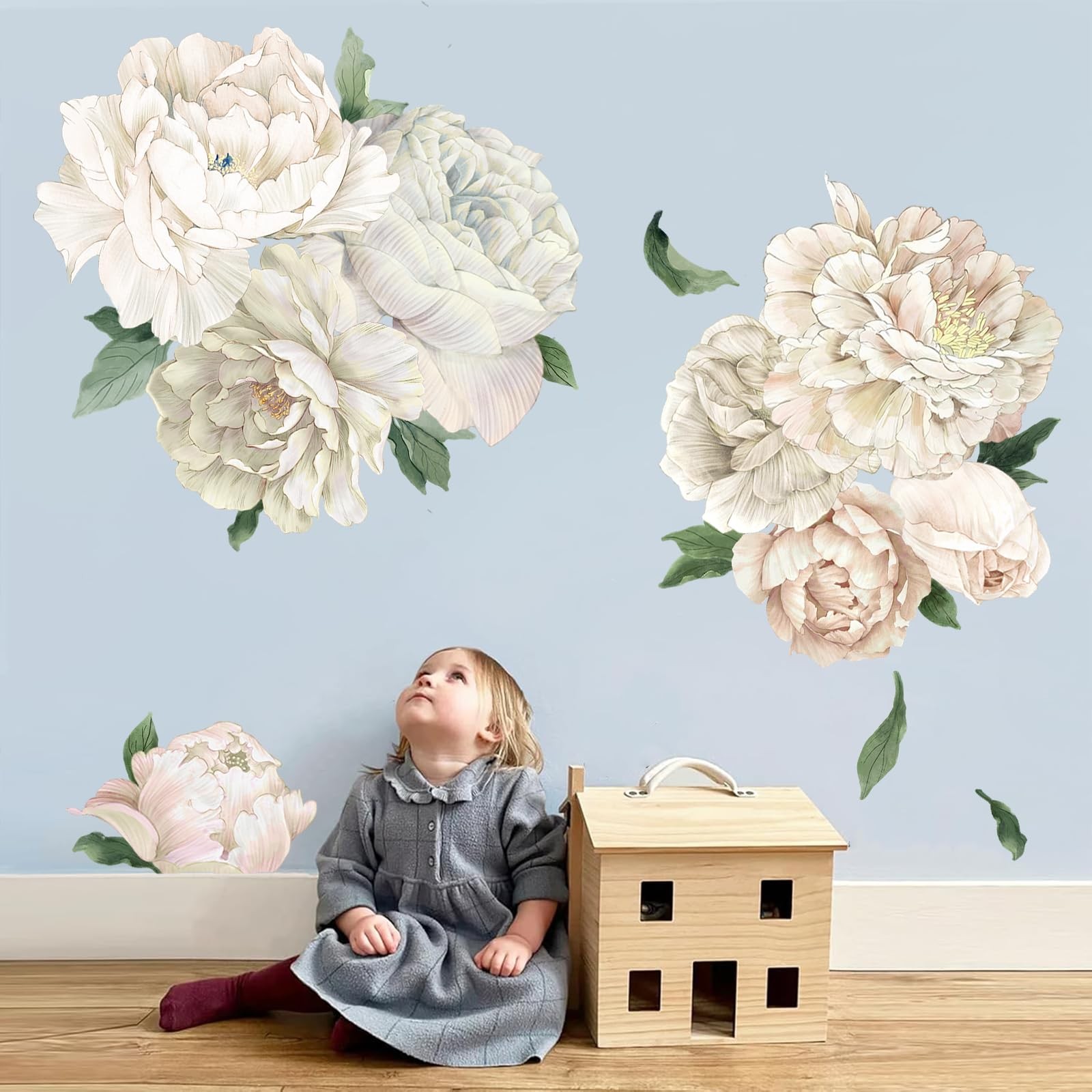 Romantic White Peony Wall Decals, Large Flower Vinyl Wall Art for Nursery & W…