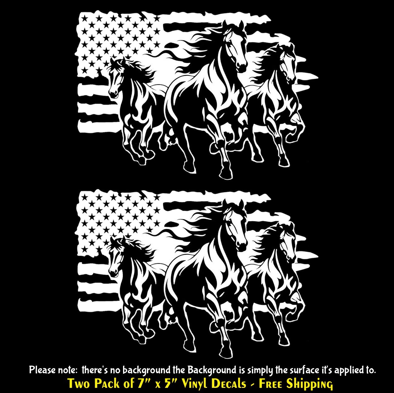 Three Running Horses American Flag Two 7″ White Vinyl Decals Any Flat Surface