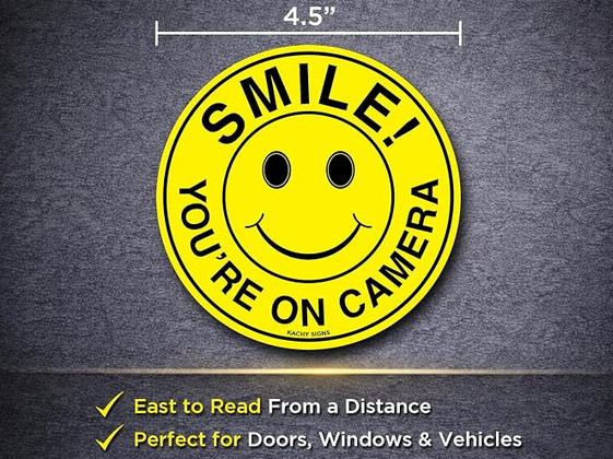 (Set of 5) Smile You’re On Camera Sign – 4.5″ Circle – 4 Mil Vinyl – Laminated