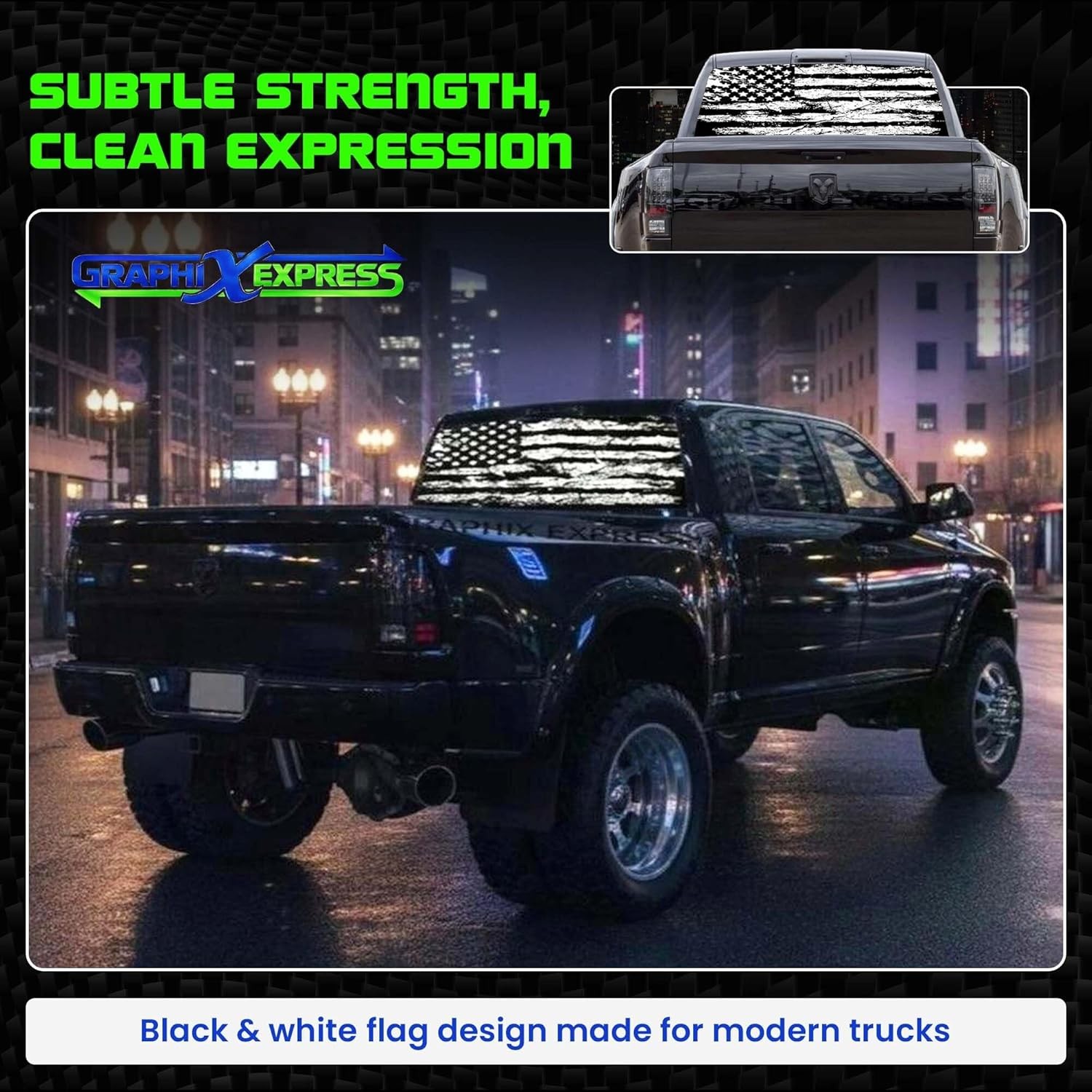 GRAPHIX EXPRESS Truck Back Window Graphics – Black and White American Flag Decal