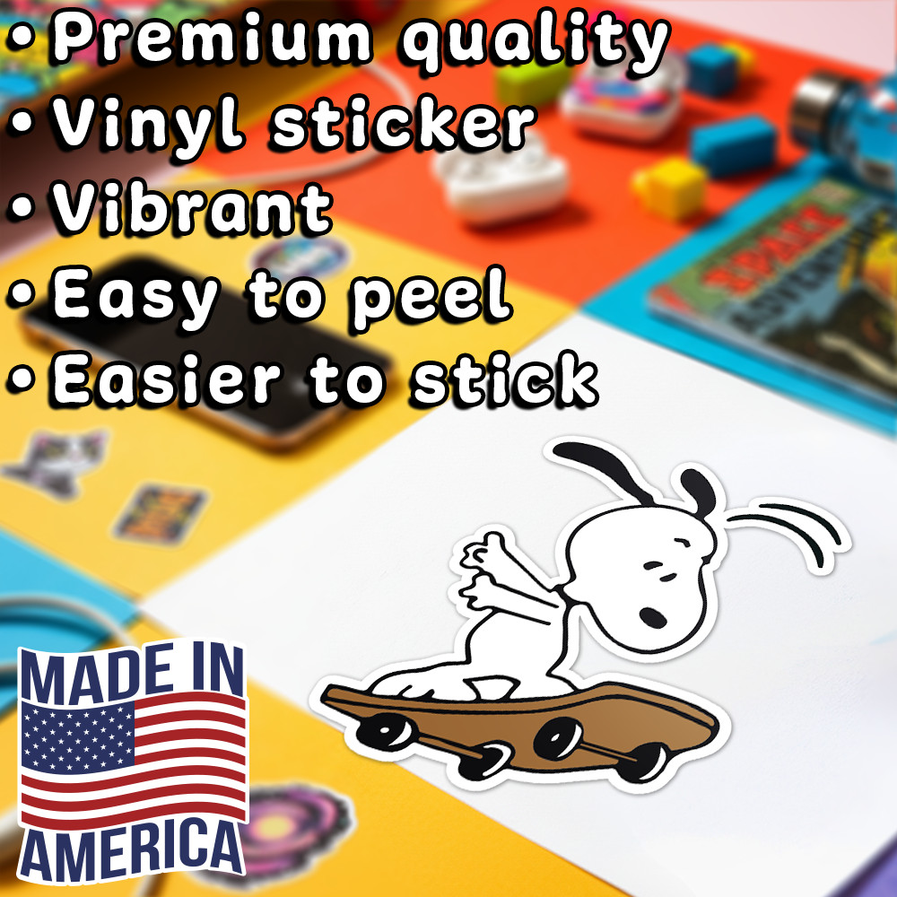 Peanuts Snoopy playing with a skateboard, cute and fun sticker 4″W x 4.5″H
