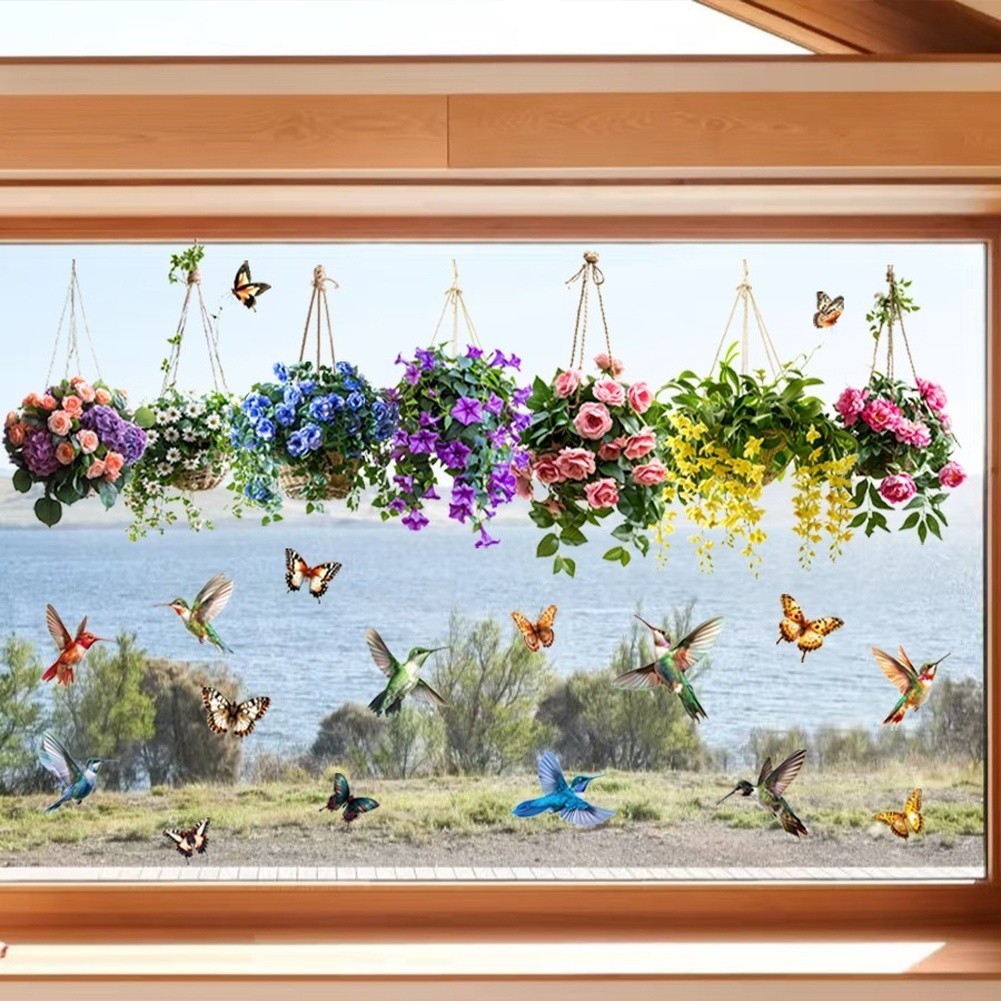 Floral Basket Birds Butterfly Static Cling Window Stickers Easy to Reposition