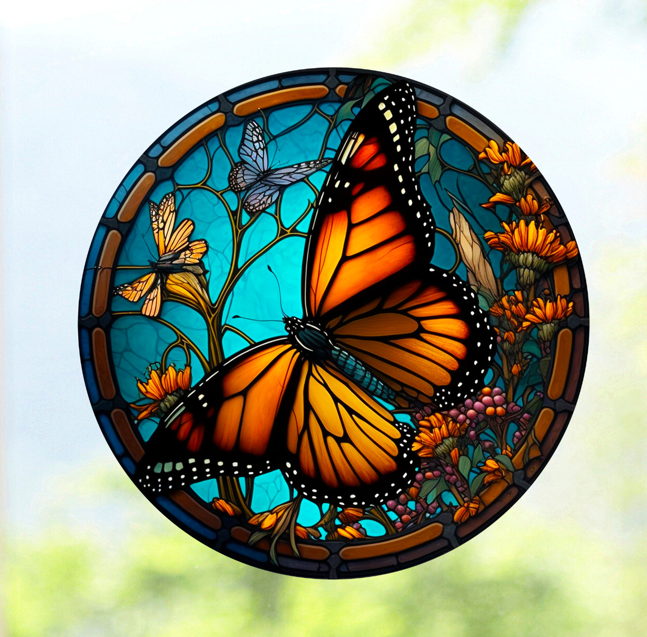 Monarch Butterfly Faux Stained-Glass WINDOW CLING Size 8″ Round Vinyl