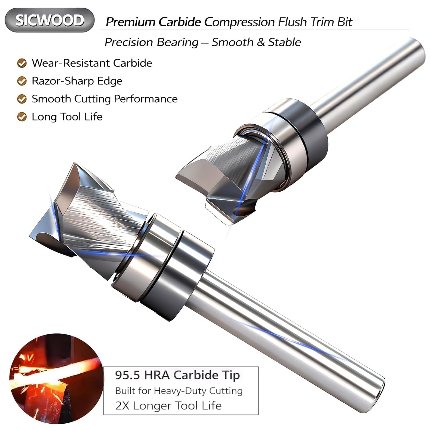 Solid Carbide Compression Flush Trim Router Bit 1/4 Shank, 2+2 Flute, 1/2″ Di…