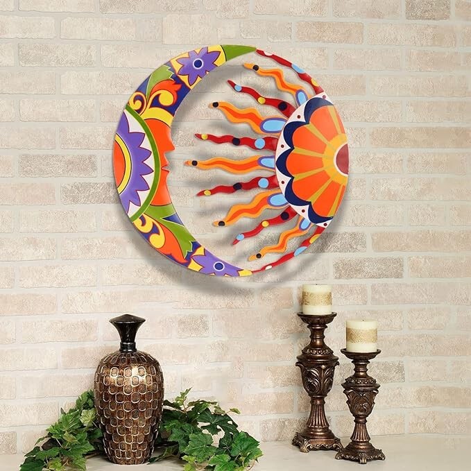 Decoración de arte de pared de sol y luna de metal 16″ colorido talavera. neuvo.
