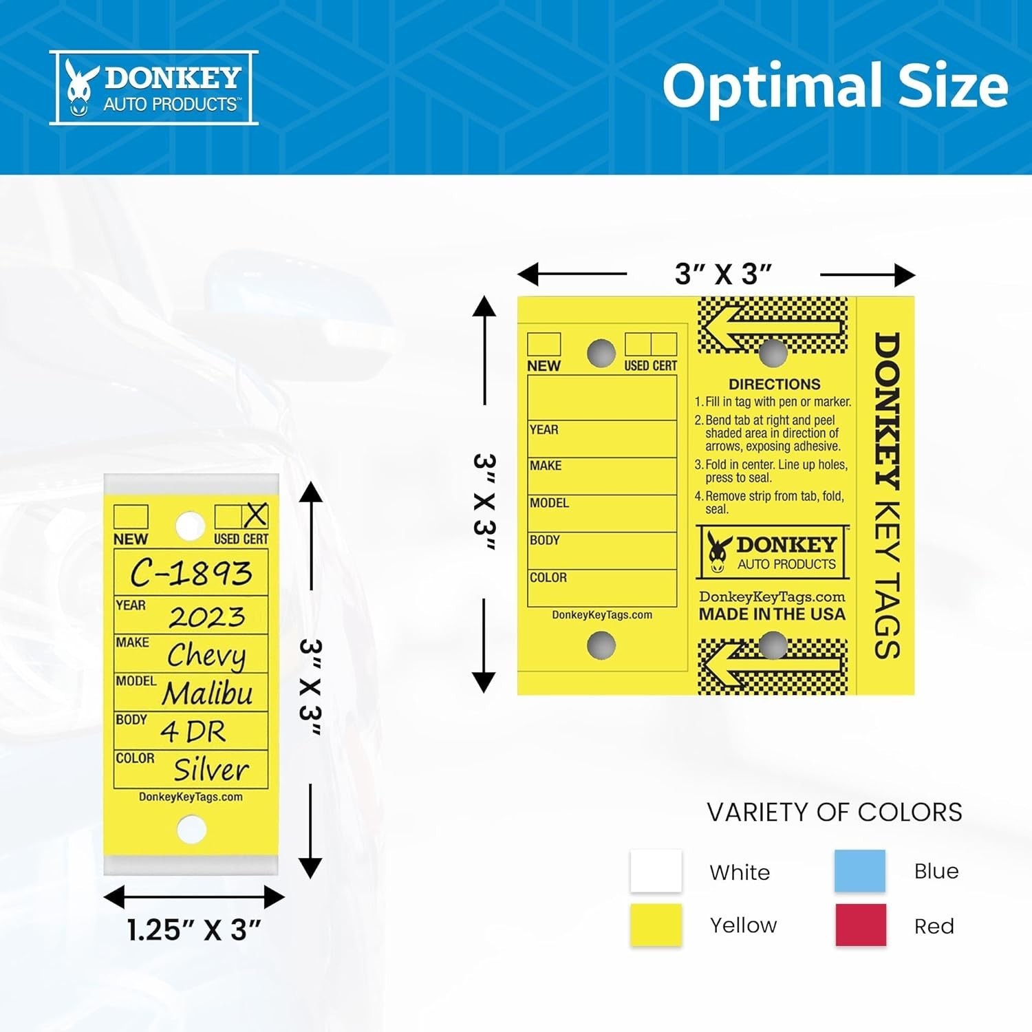 Key Tags, Laminated Self-Protecting (250 Tags Per Box with Metal Rings) (Yellow