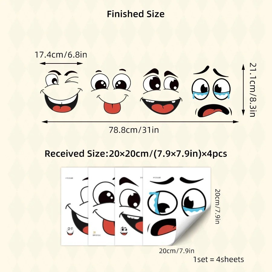 4Sheets Cartoon Face Stickers Self Adhesive Removable Funny Wall Trash Can Decor