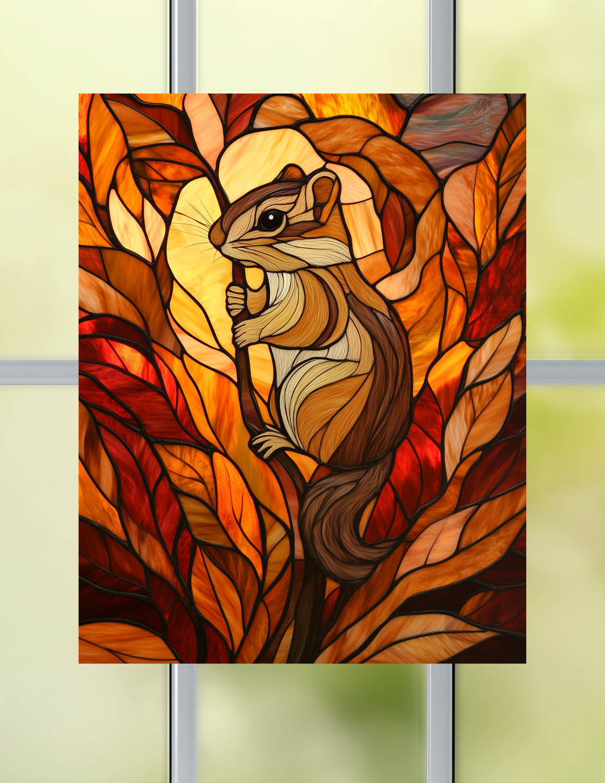 Fall Chipmunk Faux Stained-Glass WINDOW CLING Size 10.2″ Vinyl