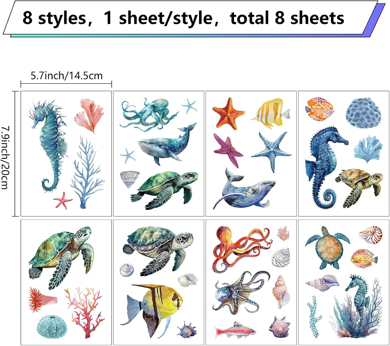 8 Sheets Sea Life Window Decals Stickers Ocean 3D Turtle Seahorse Starfish Coral