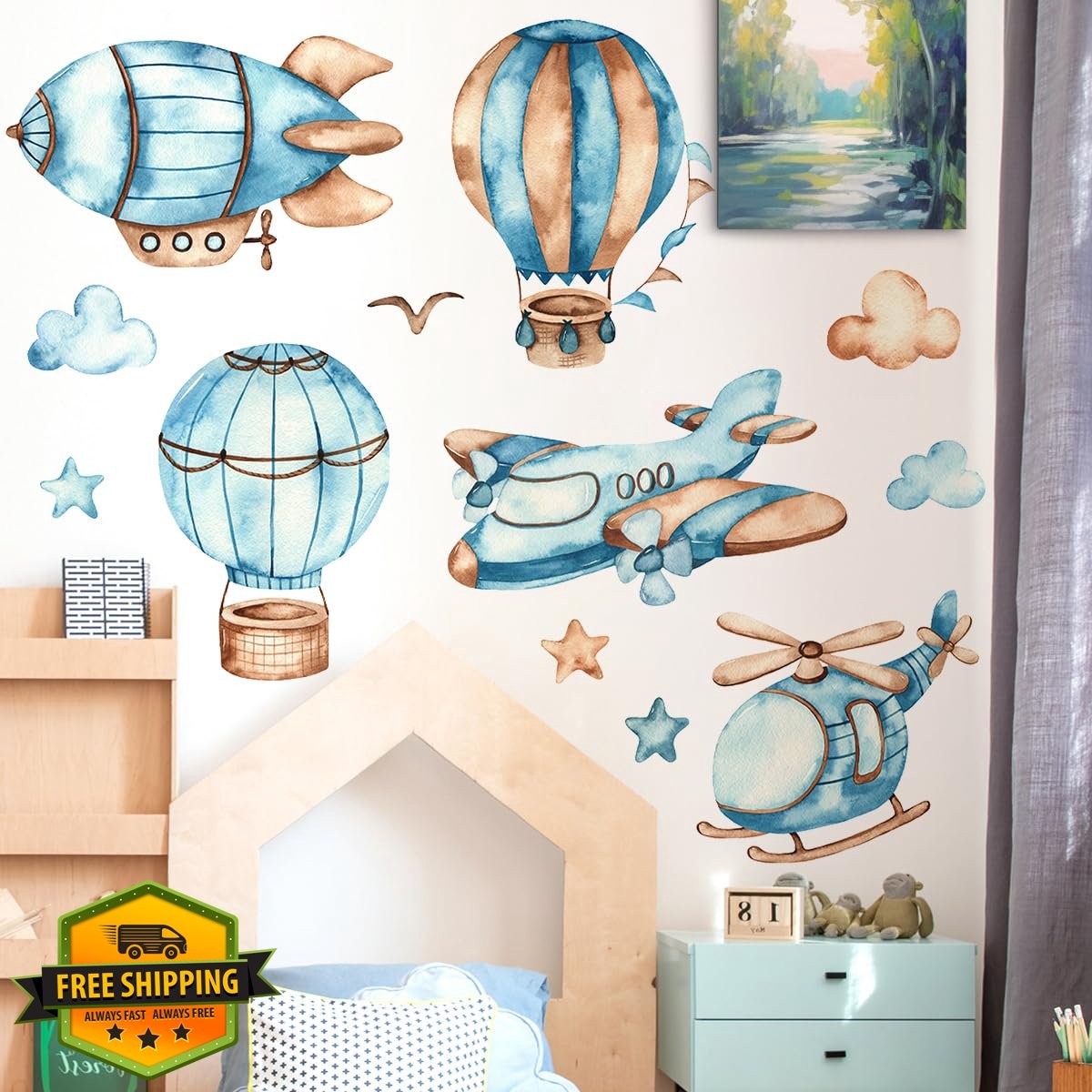 Buiory Hot Air Balloon Airplane Wall Decals Kids Nursery