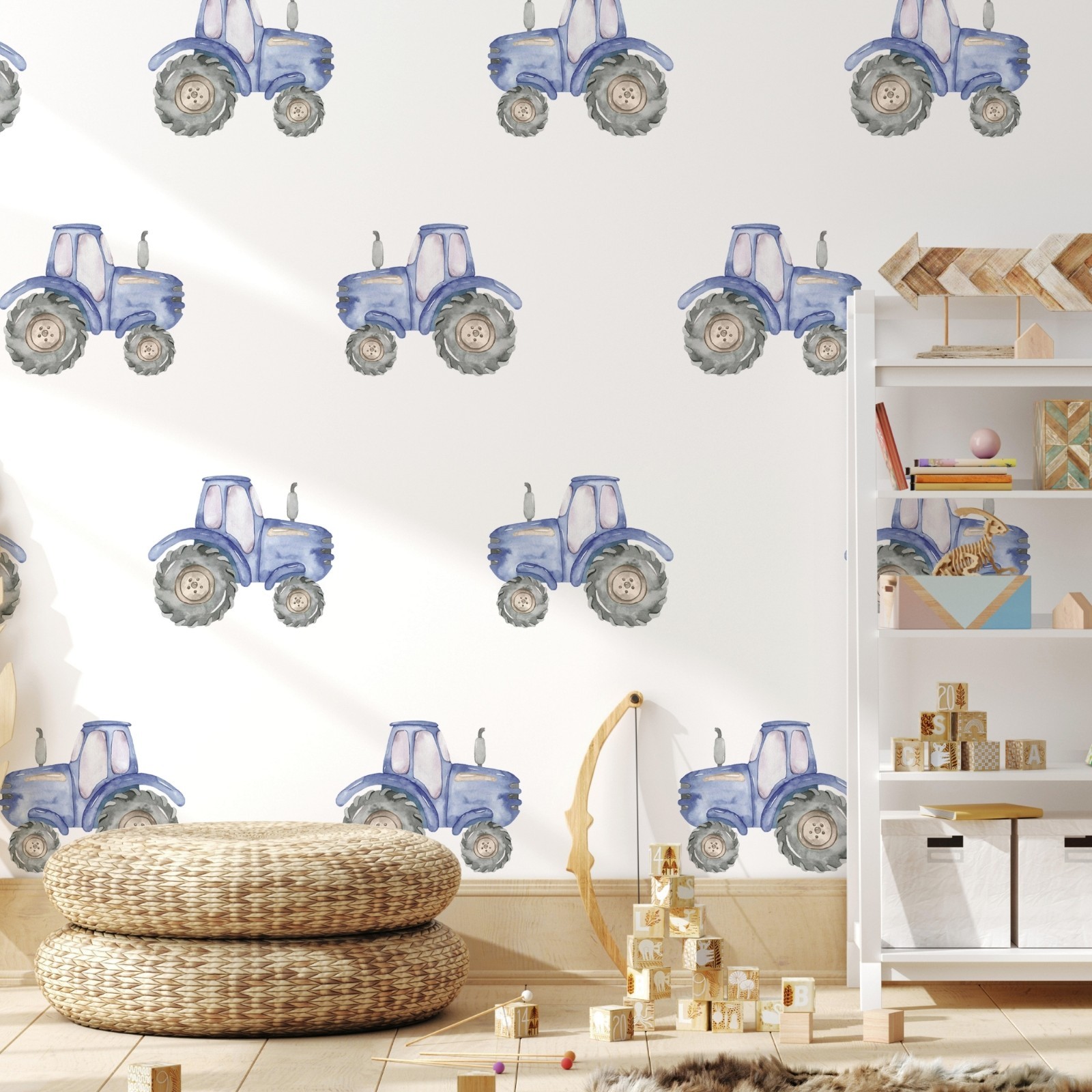 X-SMALL Blue Tractor Wall Decals Set Watercolor Farm Vehicle Stickers Removable