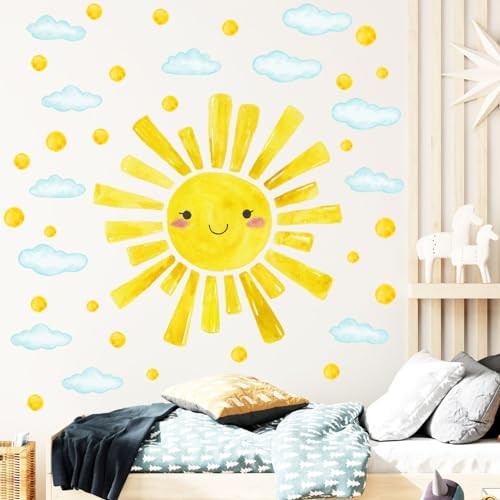 Watercolor Sun Wall Decals Cloud Polka Dots Stickers Kids Nursery Room Decor 12p